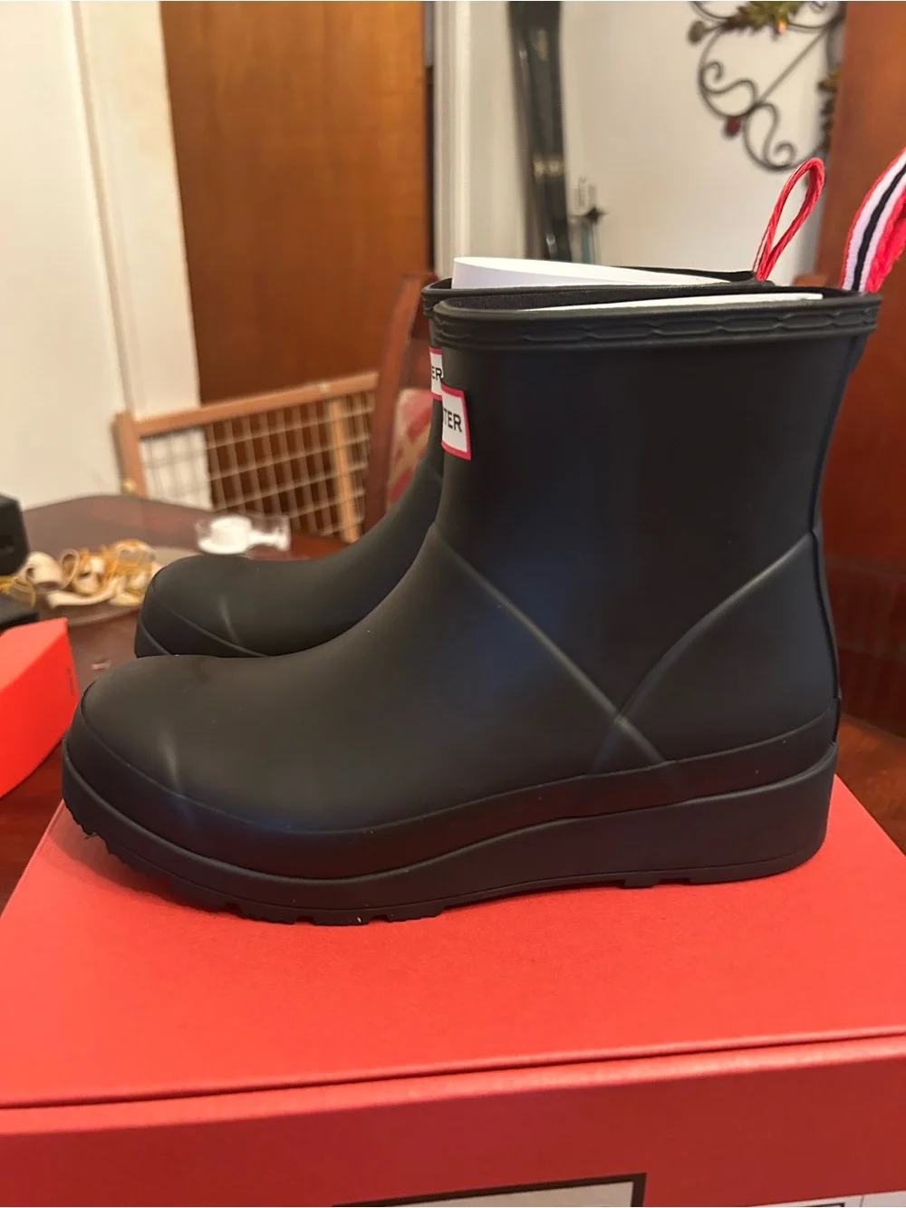 Women’s Hunter Short Black Matte Rain Boots with Red Trim